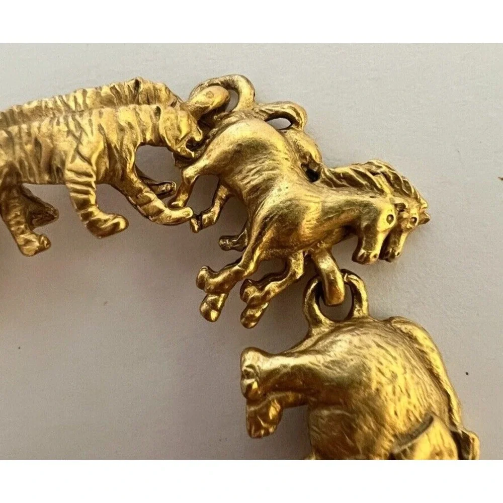 AJC Vintage Noah's Ark Bracelet Brushed Gold Animals Signed NOS 1980s Noahs 6.5